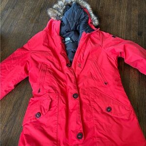 The North Face Women's Vibrant Red Ski Jacket with Faux Fur Hood